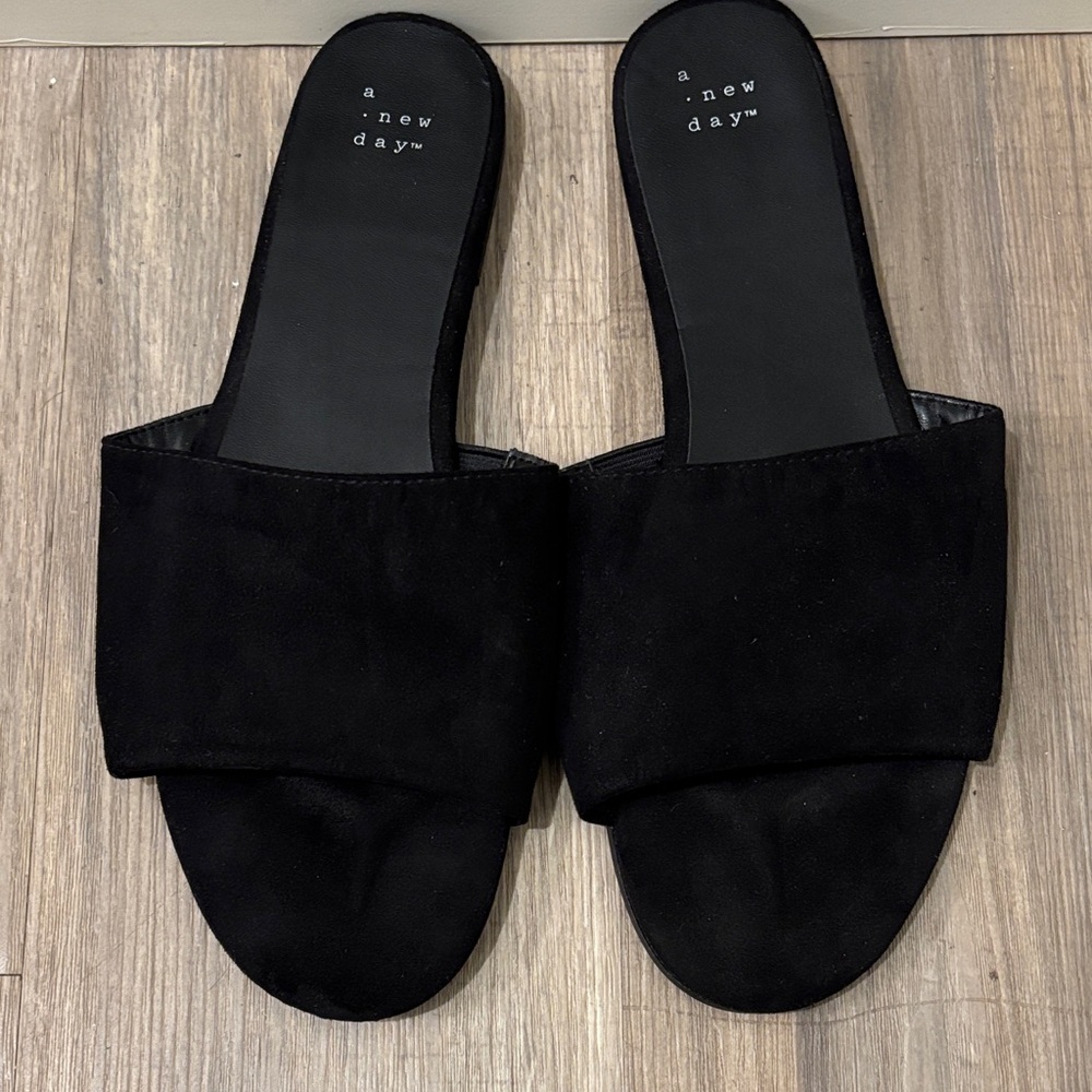 a new day Black Wide Strap Slide Mules